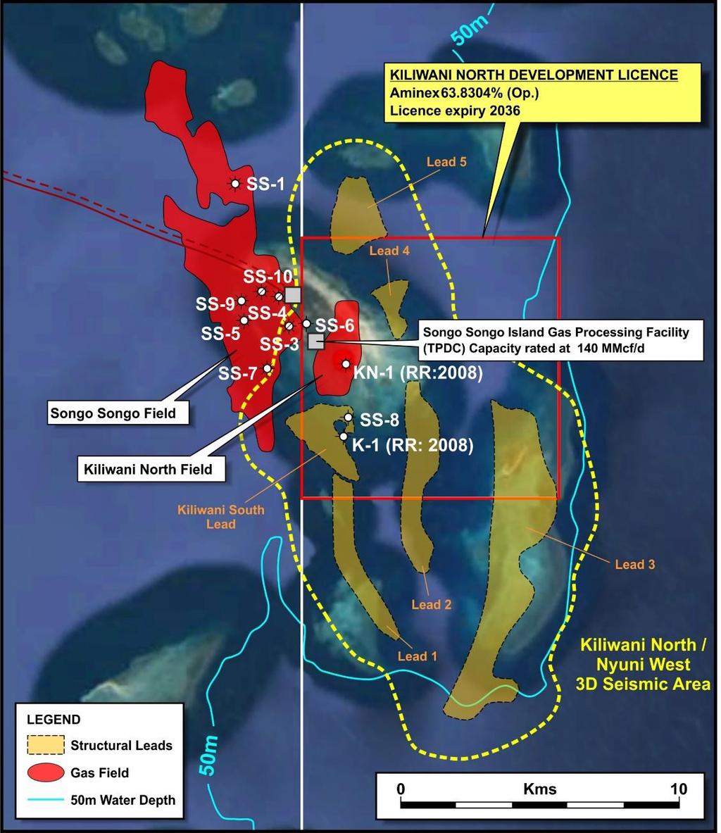 Kiliwani North Development Licence Licence terms to 2036 with no further commitments On trend with the large Songo Songo gas field which produces NW corner of the island Existing gas sales
