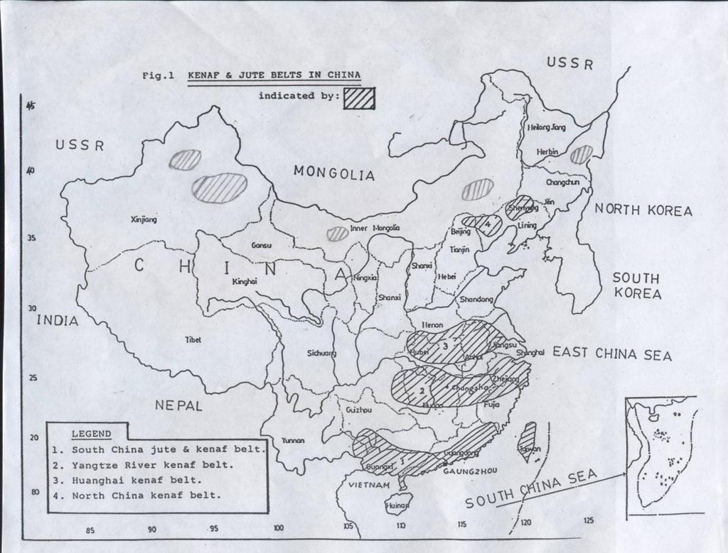 Major agro-ecological kenaf growing regions in China (1) The South China Kenaf Belt (2)The Yangtze River Kenaf