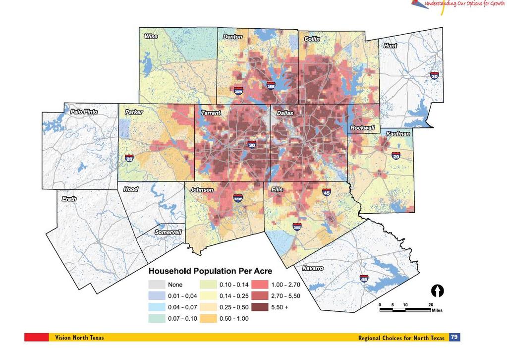 Land Use Forecast Residential Development Pattern, 2030 2015 Land Area County Total Acres Vacant Acres % Vacant Erath 697,446 632,966 91% Hood 279,519 207,742 74% Johnson 469,982 340,873 73% Pal