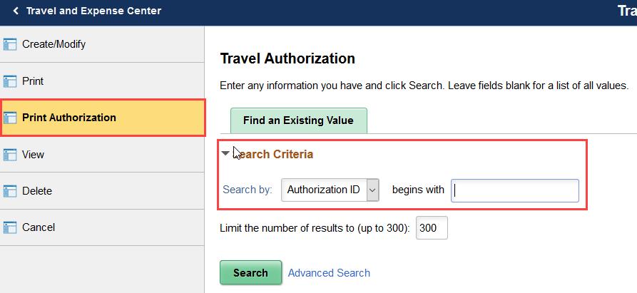 3. Select Print or Print Authorization on the left side grey bar and use the Search Criteria options to identify and select the Authorization ID link to print.
