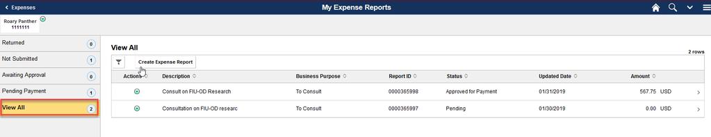 3. Click the My Expense Reports Tile. 4. Select View All via the links on the left side.