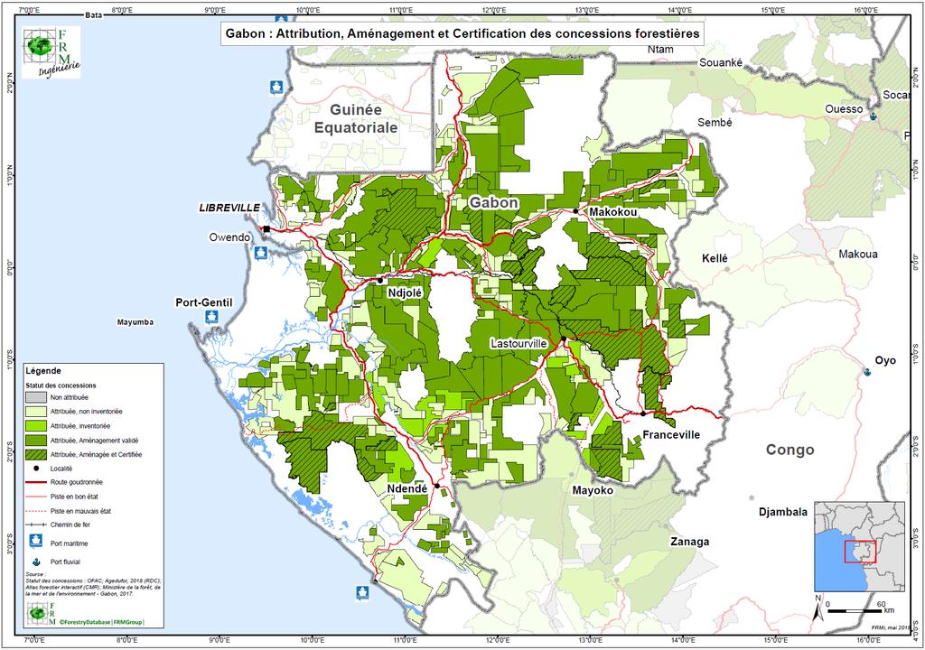 Gabon forests at a glance : Country : 26,8 M Ha Forest : 22,5 M Ha Concession forest : 14,7 M Ha operators : 108