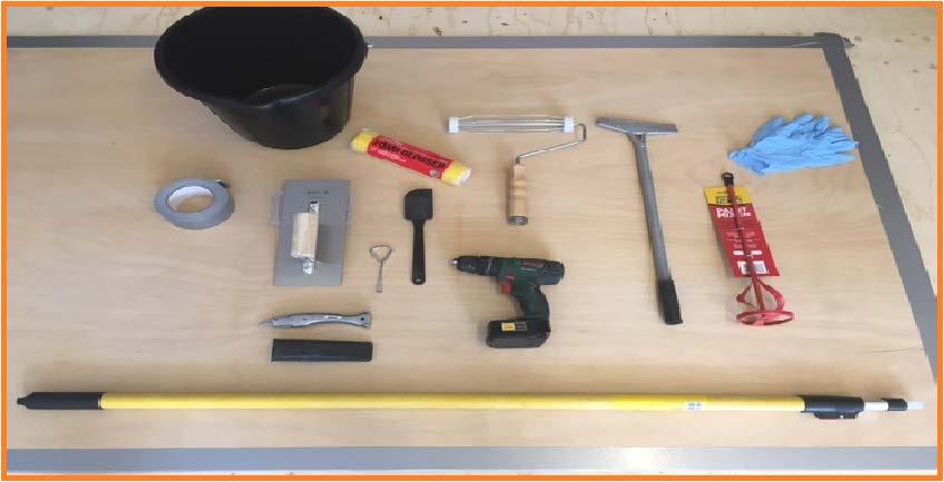 Installation Guide Equipment Equipment required for mixing and installation 1x Battery Drill 1x Decorators Whisk 1x Flat Head Screwdriver (for opening tins) 1x Box of Latex Gloves 1x Dust Mask 1x 3mm