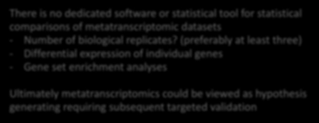 Statistical considerations There is no dedicated software or statistical tool for statistical comparisons of metatranscriptomicdatasets - Number of biological replicates?