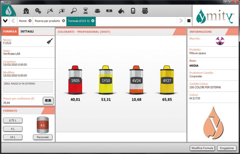 filters, closest colors (including competitor s color cards) Flexible management of the formulas: use of any unit of measurement, automatic conversion from volume to weight and vice versa,