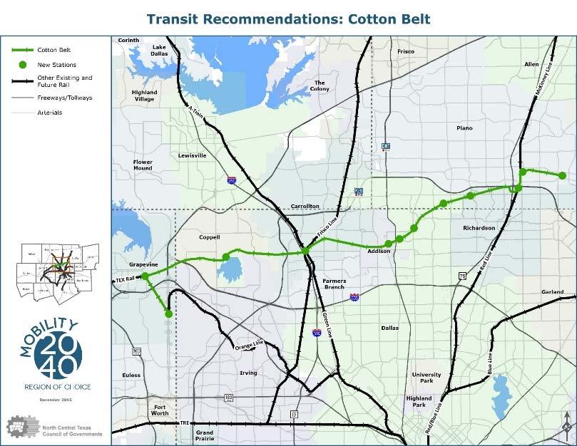 Cotton Belt Corridor Proposed Recommendations Regional Rail line from DFW Airport to Plano with one seat ride connectivity with TEX Rail Expedite project