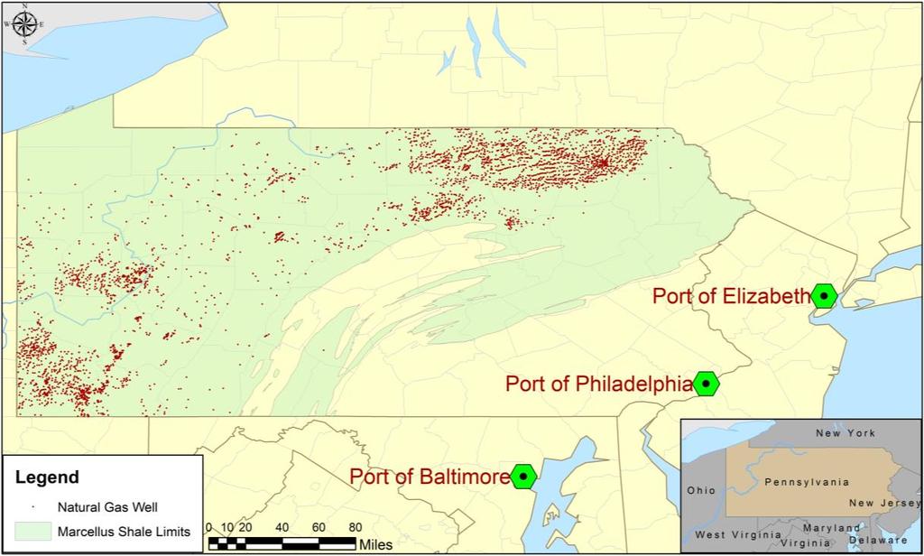 Transportation Numerous Export Options From Northeastern Pennsylvania Three Port Facilities Within 150 Miles of Production Area Highlights Railroad and highway access is plentiful in region to