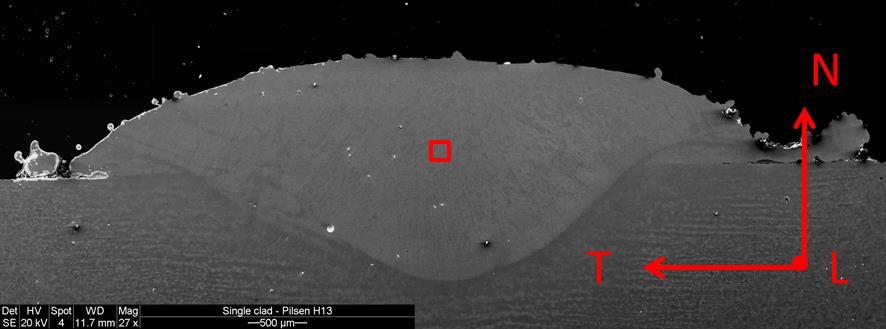 Fig. 1: SEM image of the cross-section of the single clad AISI H13 tool steel with marked directions and area which was observed using OIM. Fig.