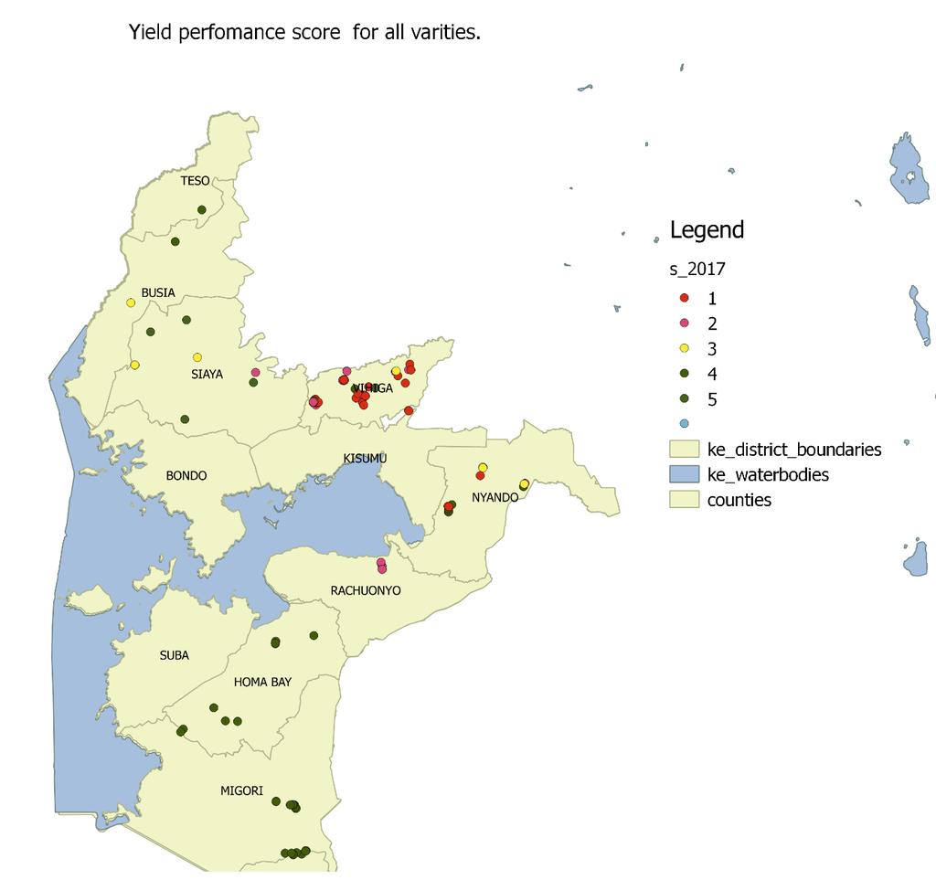 Yield score map of Different Varieties in western Kenya Red