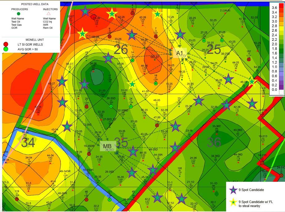 9-Spot Infill Pilot Drilling Well Selection Well Selection UA-5B SoPhiH: High GOR Flowline Due to compression constraints have shut in higher GOR wells already Identified candidates based