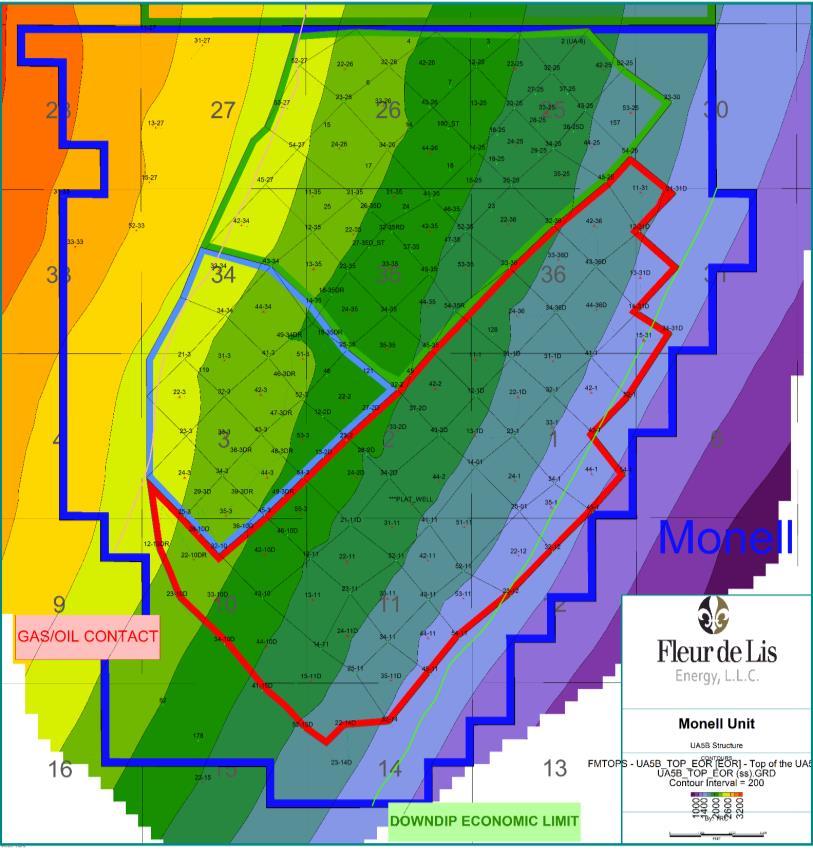 Monell Unit Reservoir Properties Geologic Properties Stratigraphic trap with the oil zone being confined by an up-dip gas cap Monocline with 5 structural dip to southeast Production controlled by