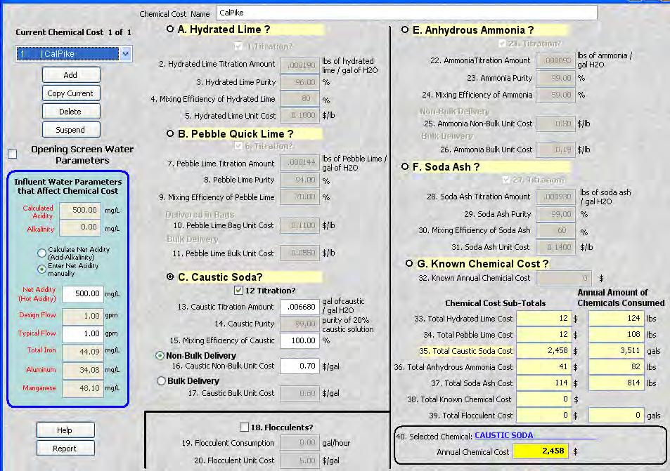 AMDTreat Chemical Cost Screen: PHREEQC titration will indicate titration amount TITRATION RESULT INPUT: The previous tables showed cost estimates using the simulated titration results and using unit