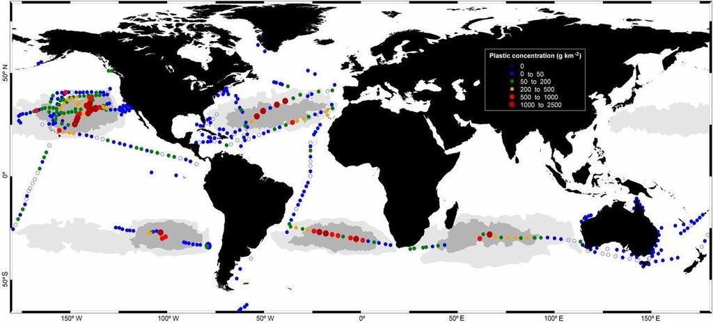 Concentrations of plastic debris in surface waters of the global ocean. Andrés Cózar et al.