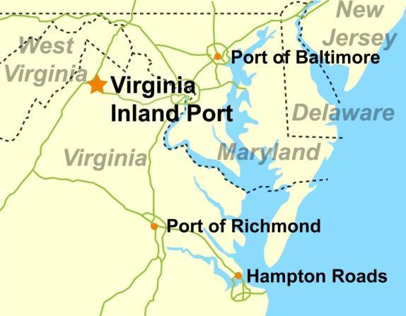 Port Virginia Inland Port (VIP), Front Royal, VA Selection Criteria/Characteristics: Proximity to seaports handling international freight (200 miles) Access to Class 1 Railroad and Interstate