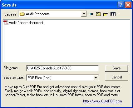 If you are using a PDF printer a dialog box will open. Enter a file name and select a location to save the Console Audit then Press Save.