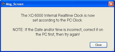If the date and time are not correct or there is an error displayed. Press the Close button, to return to the Config/Utils Screen and press the Set Clock button.