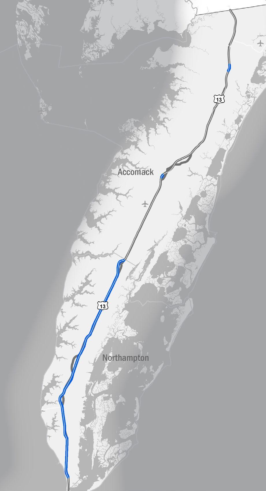 Number of Lanes (both directions) Segment D2 begins at the northern terminus of the Chesapeake Bay Bridge-Tunnel and progresses north to the Maryland border, serving Northampton and Accomack Counties.