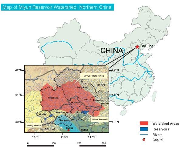 Miyun watershed, above Beijing in China The total watershed area is about 16,000 km2.