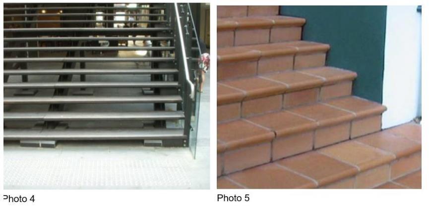 Photo 5, although showing enclosed and opaque risers this stairway still presents as a problem for people with a prosthesis or someone with ambulant disabilities that restricts leg movements due to