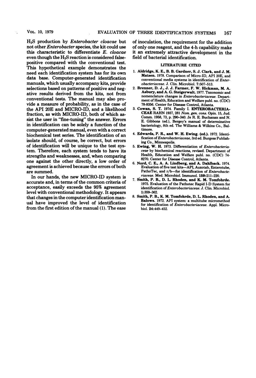 VOL. 1, 1979 H2S production by Enterobacter cloacae but not other Enterobacter species, the kit could use this characteristic to differentiate E.