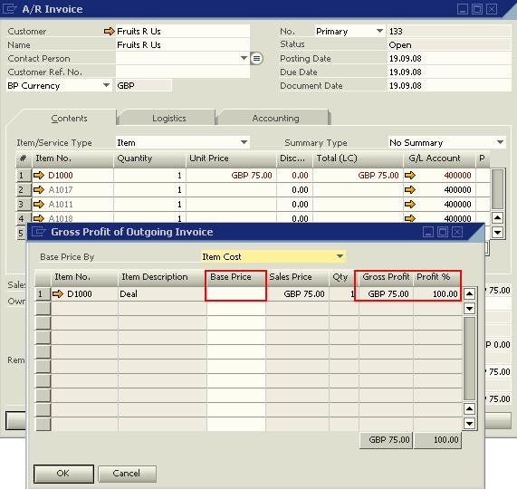 When creating a sales invoice for an item defined as a Sales BOM, the Item Cost field in the Gross