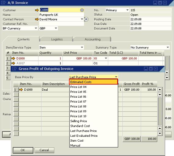 2. When creating sales documents for the Sales Type BOM, in the Gross Profit for Outgoing Invoices window, select the Estimated Costs in