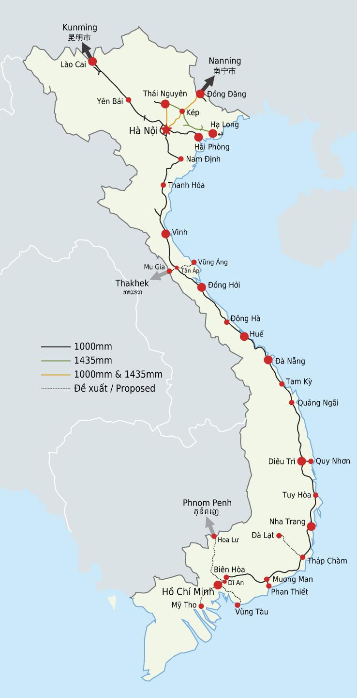 Railway infrastructure system Total length of 3,143km: 2,531km mainline; 612km branch road; The network consists of seven main lines: North - South (Hanoi - HCMC) Hanoi - Hai Phong; Hanoi - Dong