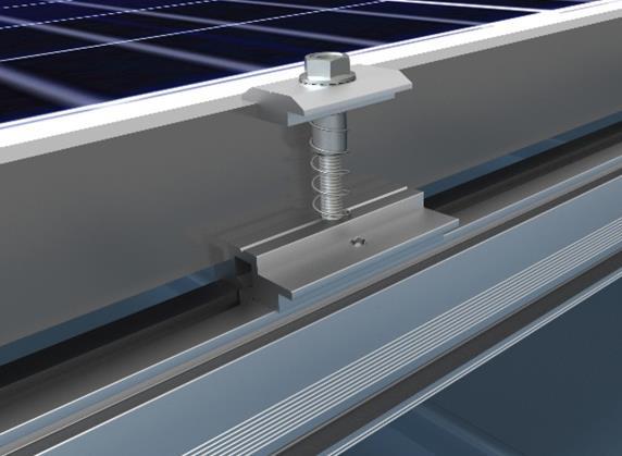 Thread the 1/4 Collar Bolt onto the top of the T- Bolt as shown. After positioning the End Clamp firmly against the PV panel frame, using a 7/16 socket, tighten to 7.5 ft. lbs.