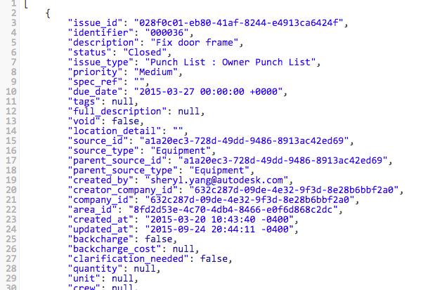 An example of using BIM 360 API Get Issues Request: