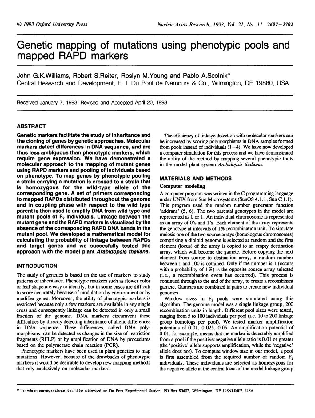 1993 Oxford University Press Nucleic Acids Research, 1993, Vol. 21, No. 11 2697-2702 Genetic mapping of mutations using phenotypic pools and mapped RAPD markers John G.K.Williams, Robert S.