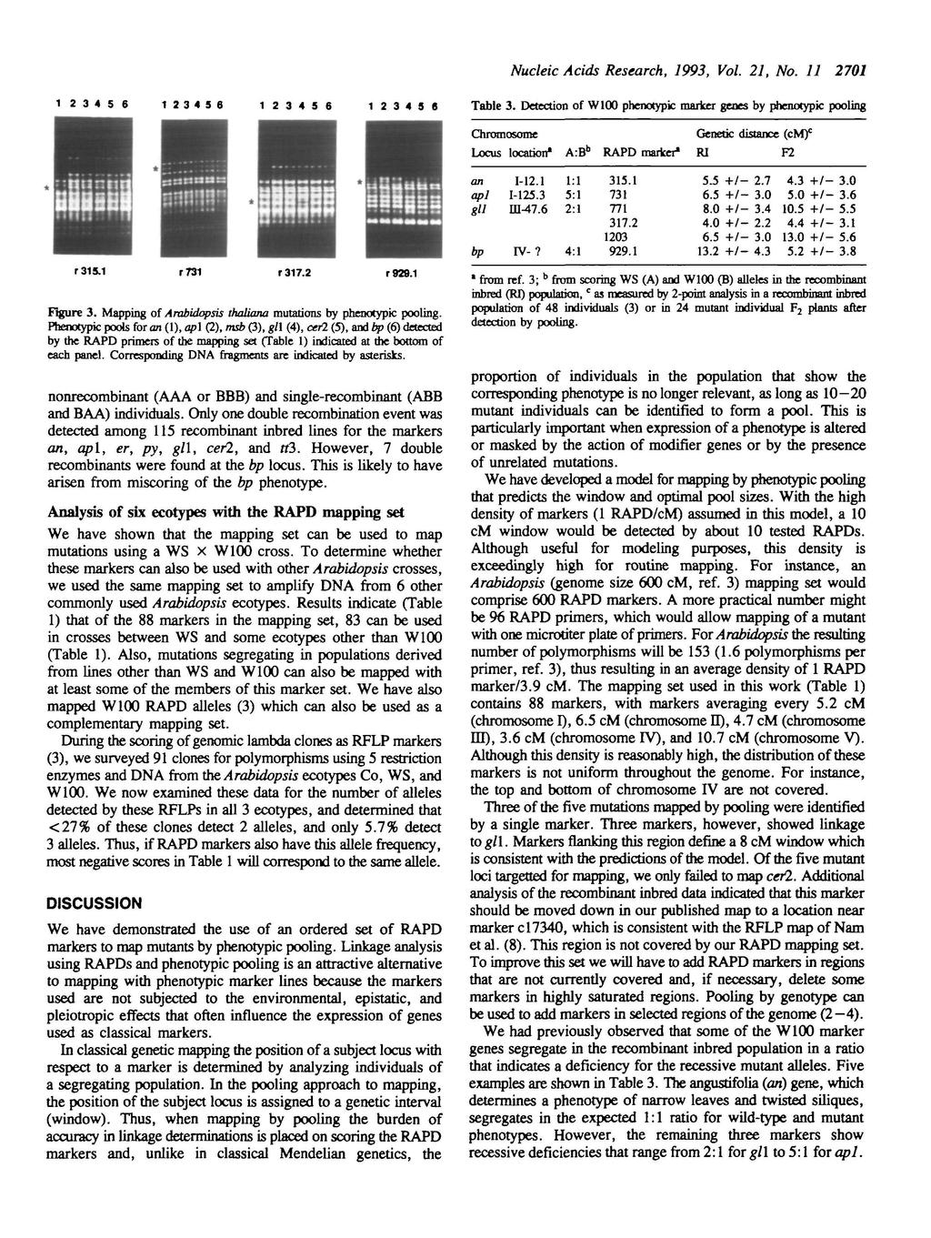 Nucleic Acids Research, 1993, Vol. 21, No. 11 2701 12 3 4 5 6 r 315.1 r731 12 3 4 5 6 r 317 1 2 3 4 5 8 r 929.1 Figure 3. Mapping of Arabidopsis thaliana mutations by phenotypic pooling.