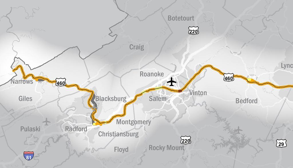 E2 SEGMENT PROFILE Segment E2 begins at the West Virginia border and continues east, serving Giles, Montgomery, Roanoke, Botetourt, and Bedford Counties and the Cities of Salem and Roanoke.