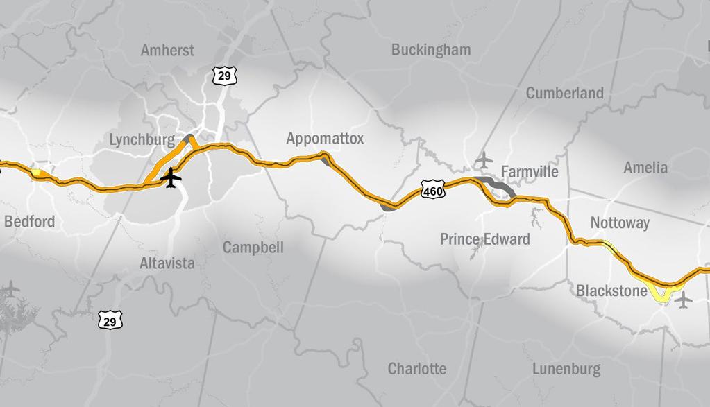 E3 SEGMENT PROFILE Segment E3 begins in Bedford County and travels east, serving Campbell, Appomattox, Prince Edward, and Nottoway Counties along with the City of Lynchburg.