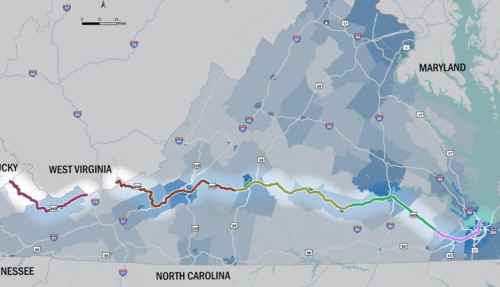 CORRIDOR E OVERVIEW Demographics and Economic Trends The primary population centers with greater than 500 persons per square mile along Corridor E are currently found in Salem, Roanoke, Lynchburg,
