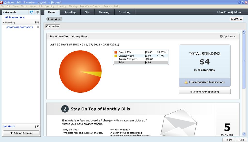 5. Quicken will download your transactions and automatically categorize them, so you can quickly see where your money is going. The pie chart on the homepage shows you where you money is going.