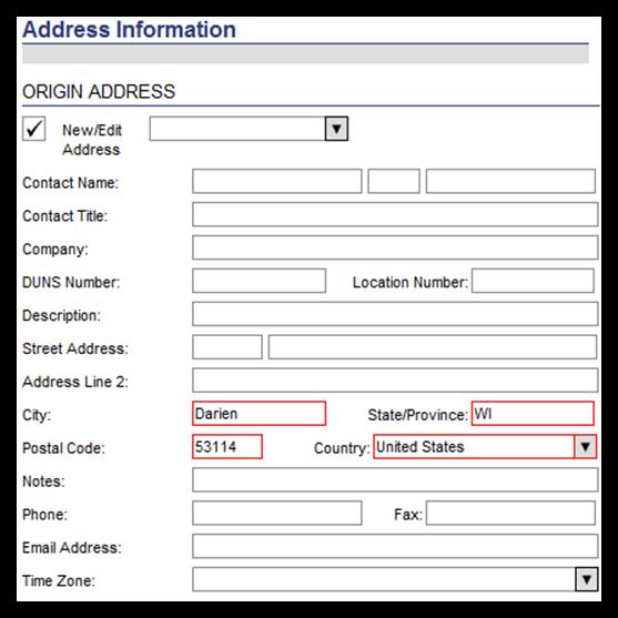 5. In the Address Information area click the box to expand the Origin Address view. Now enter the origin information in the red outlined fields.