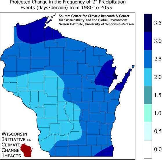Number of days with intense precipitation is projected to increase across Wisconsin in 21 st century. Roughly a 25% increase in frequency.