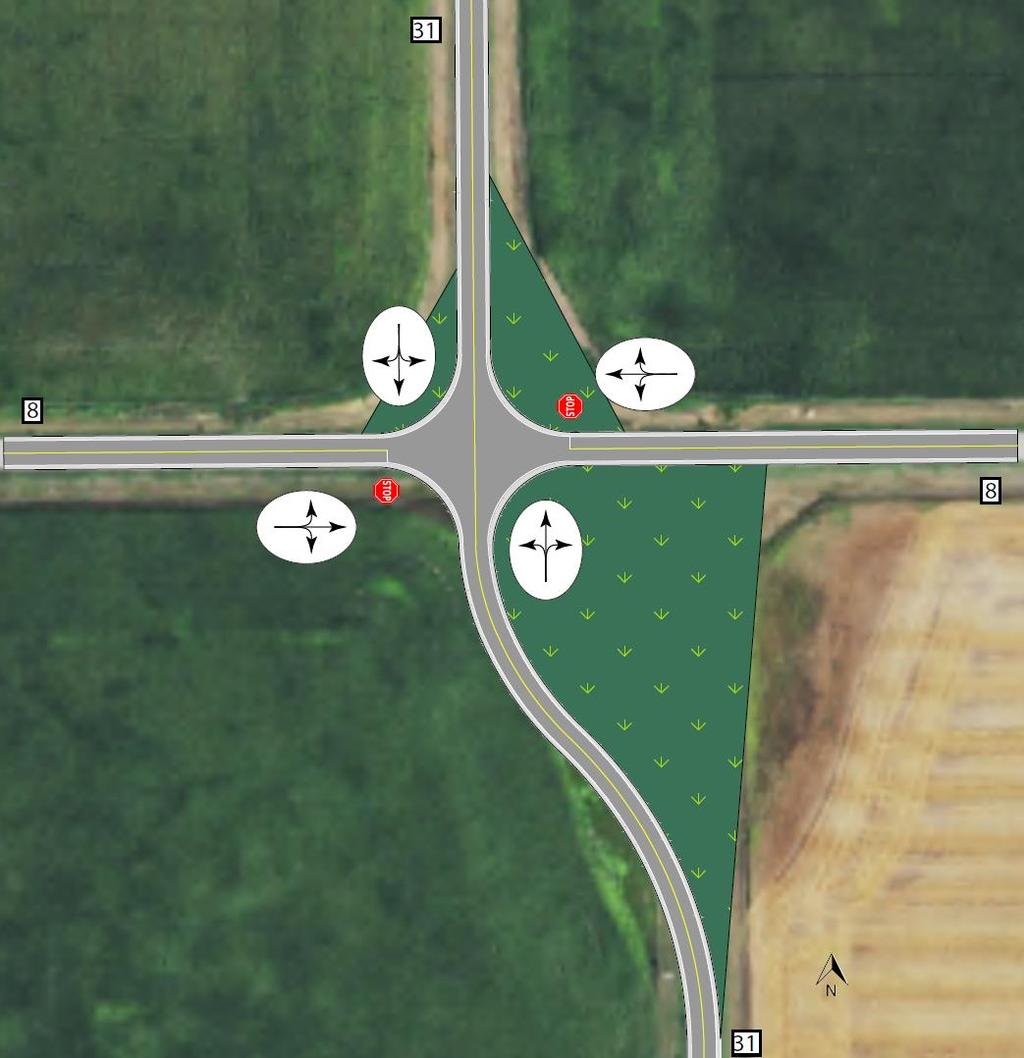 County Road 31 & County Road 8 Offset T-Intersection Alternative This alternative is not appropriate at this location due to limited space between north and south approaches of County Road 31