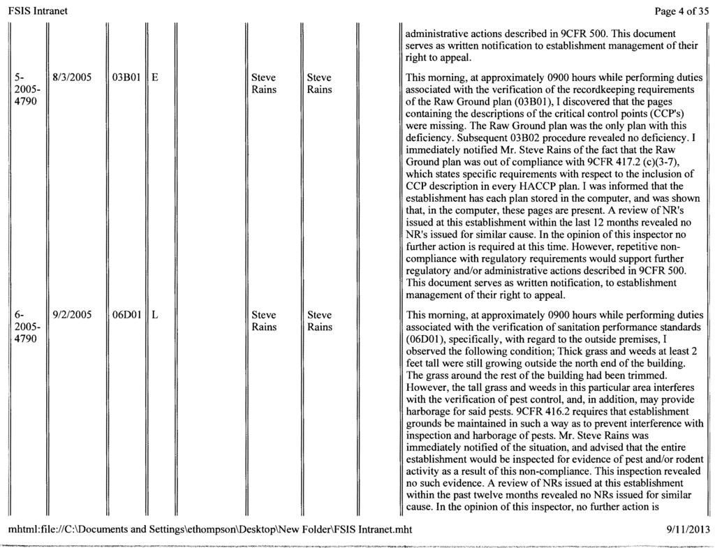 5-8/3/2005 2005-6- 9/2/2005 2005-03BOI 06DOI E L Page 4 of35 administrative actions described in 9CFR 500.