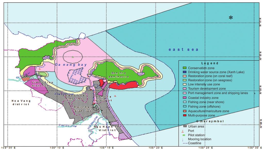 Figure 1. Da Nang coastal use zoning scheme with ten functional zones, including a tourism development zone. Context ICM implementation in Da Nang started in 2000.