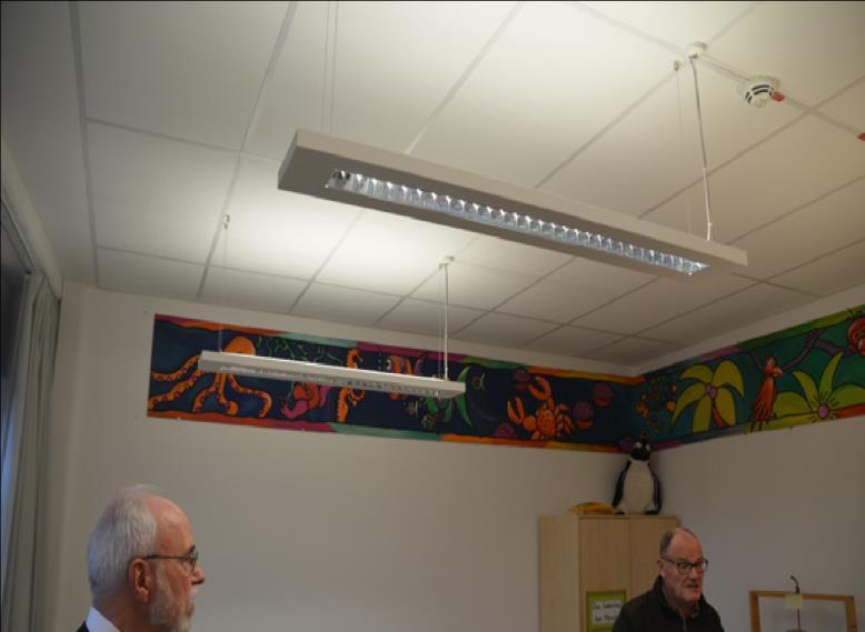 2.CLASSROOM Classrooms are installed with gyps ceiling to reduce noise. White ceilings reflect light well. Light from LED lights saves electricity and does not cause glare.