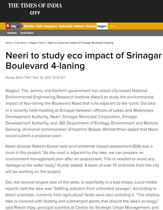 Environmental Impact Assessment NEERI to Study Eco Impact of Srinagar Boulevard 4-Laning Nagpur: The Jammu and Kashmir government has asked city-based National Environmental Engineering Research