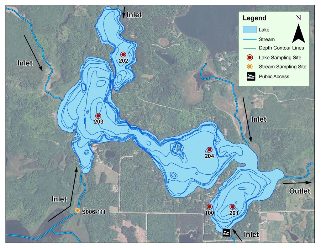 Lake Map Figure 1. Map of Balsam Lake with 21 aerial imagery and illustrations of lake depth contour lines, sample site locations, inlets and outlets, and public access points. Table 3.