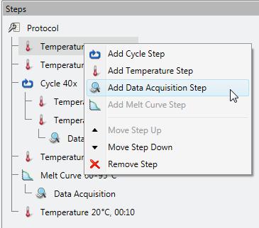Add a data acquisition step to this temperature step by right clicking on the temperature branch in the protocol