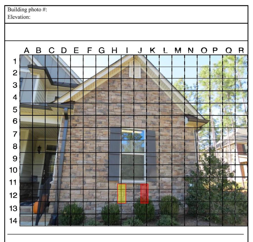 Example Page From Report 55 House photo with grid overlay A spread sheet is used to note moisture