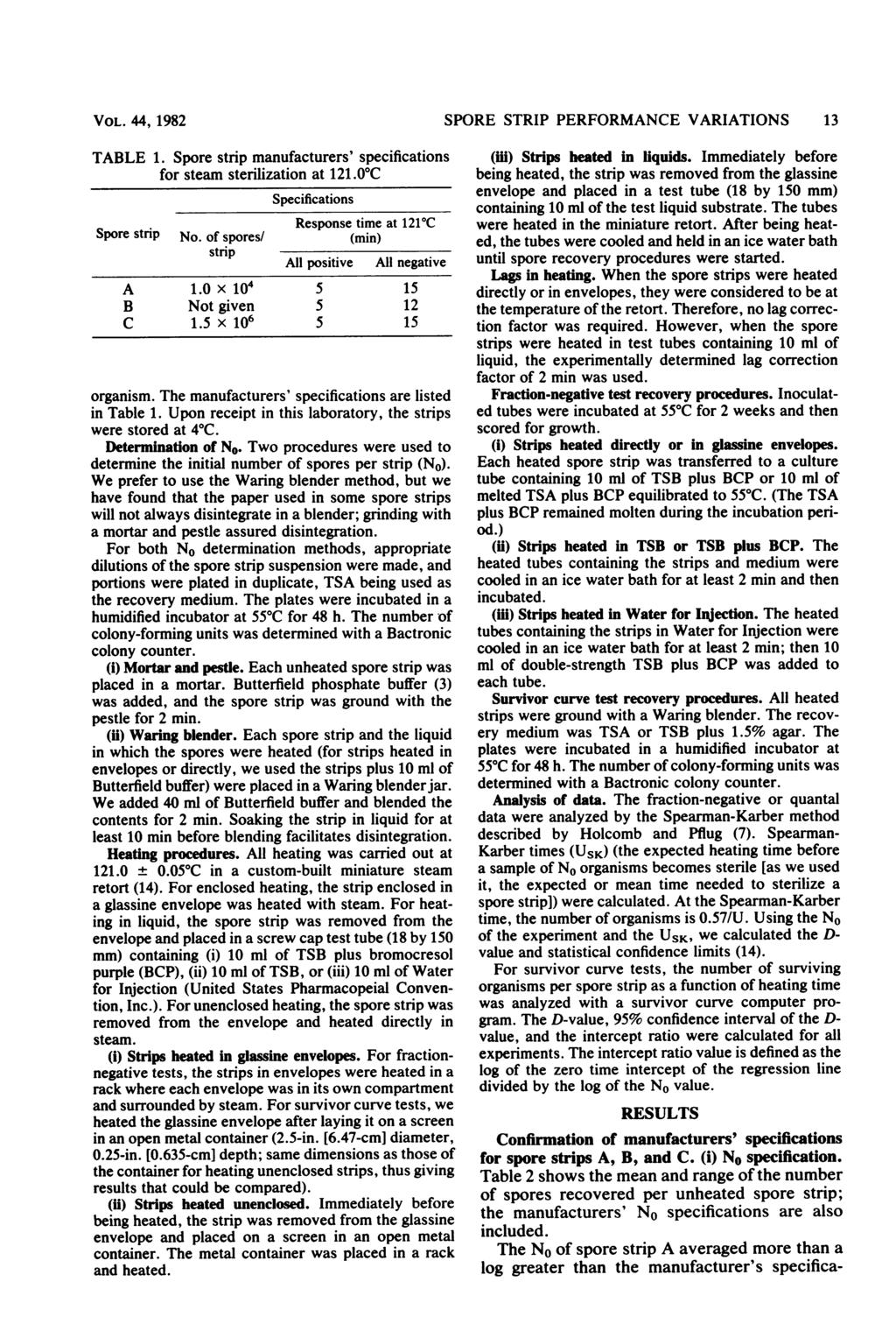 VOL. 44, 1982 TABLE 1. Spore strip manufacturers' specifications for steam sterilization at 121.0'C Specifications Response time at 121 C Spore strip No.