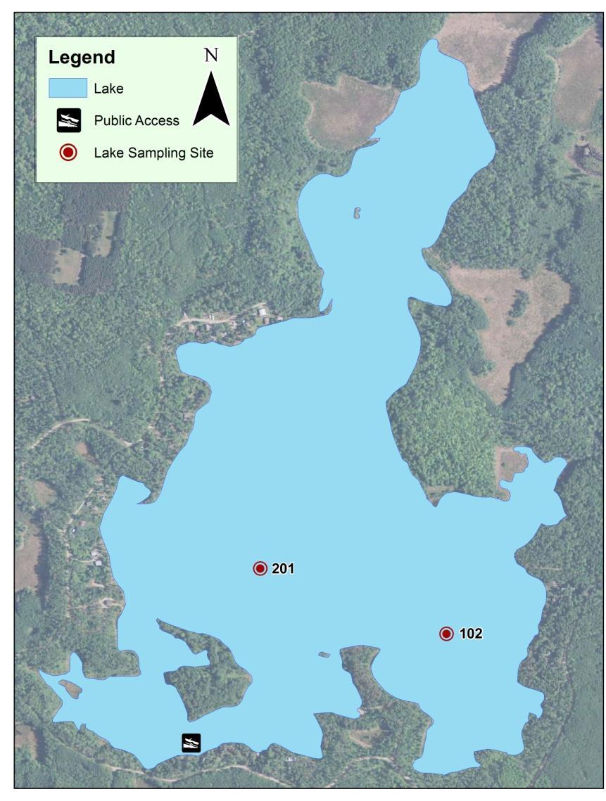 Lake Map Figure 1. Map of Burnt Shanty Lake with 21 aerial imagery and illustrations of, sample site locations, inlets and outlets, and public access points. Table 3.