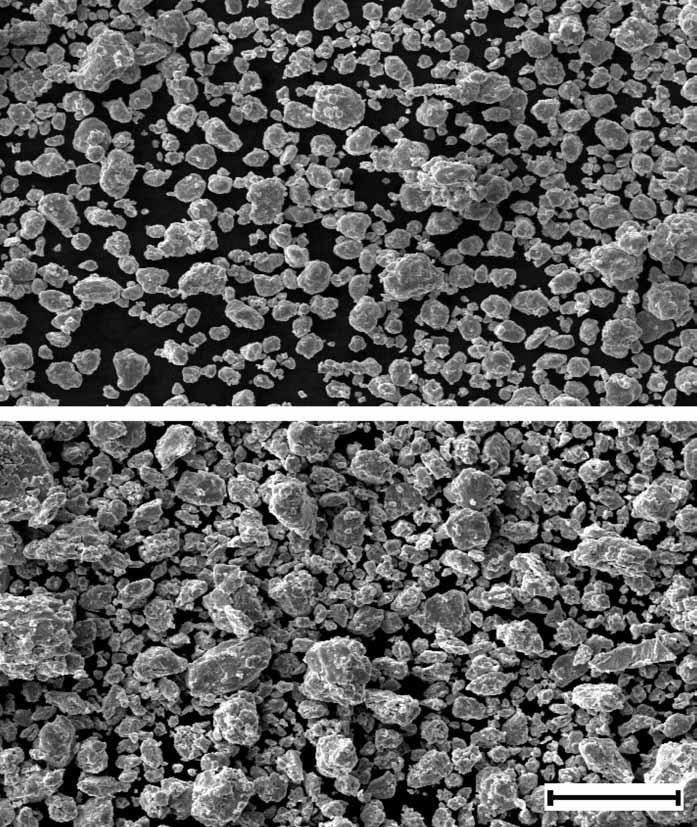 2280 J. S. Bla zquez et al. Figure 7. Secondary electrons SEM images of AM sample milled for 50 h (upper) and RQ sample milled for 10 h (lower). The bar corresponds to 100 mm.