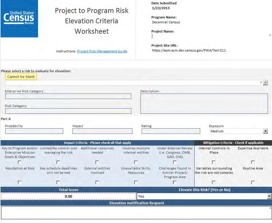 EPMT Risk Elevation Criteria Worksheet Automates movement of risks from subproject to master project; master project to