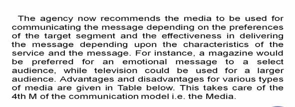 The agency now recommends the media to be used for communicating the message depending on the preferences of the target segment and the effectiveness in delivering the message depending upon the